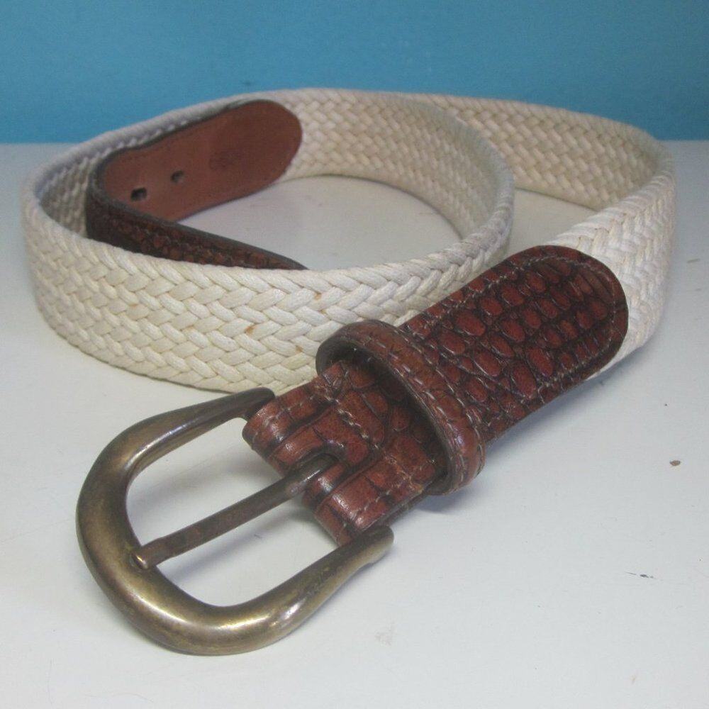 Torino Mens Size 36 Woven Cream Cotton Belt with Leather Accents & Brass Buckle